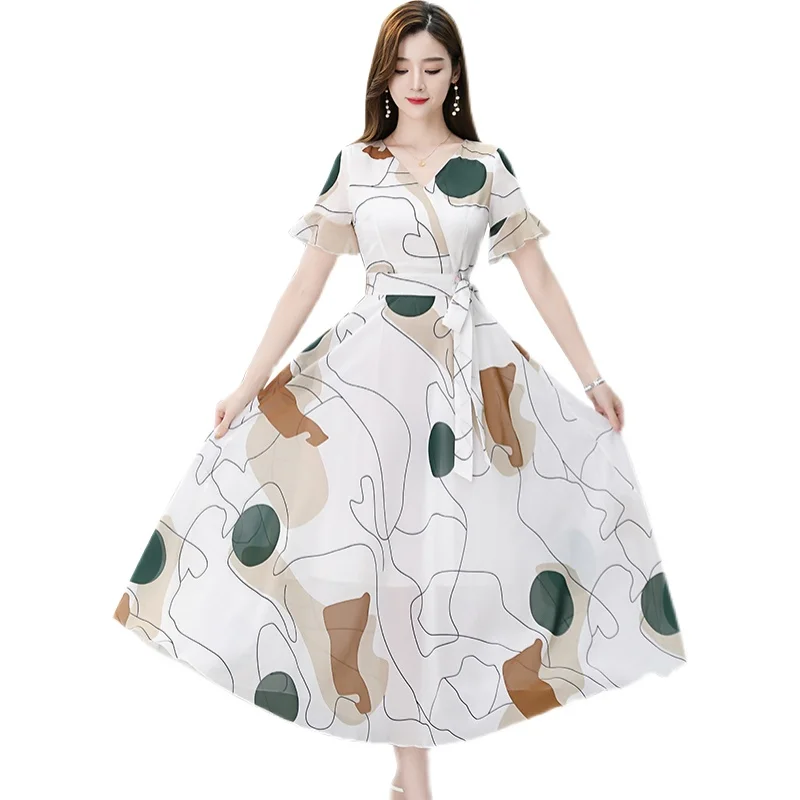 

COIGARSAM 3XL Plus Size Print Women dress New Summer Chiffon Short Sleeve Dresses White 3091