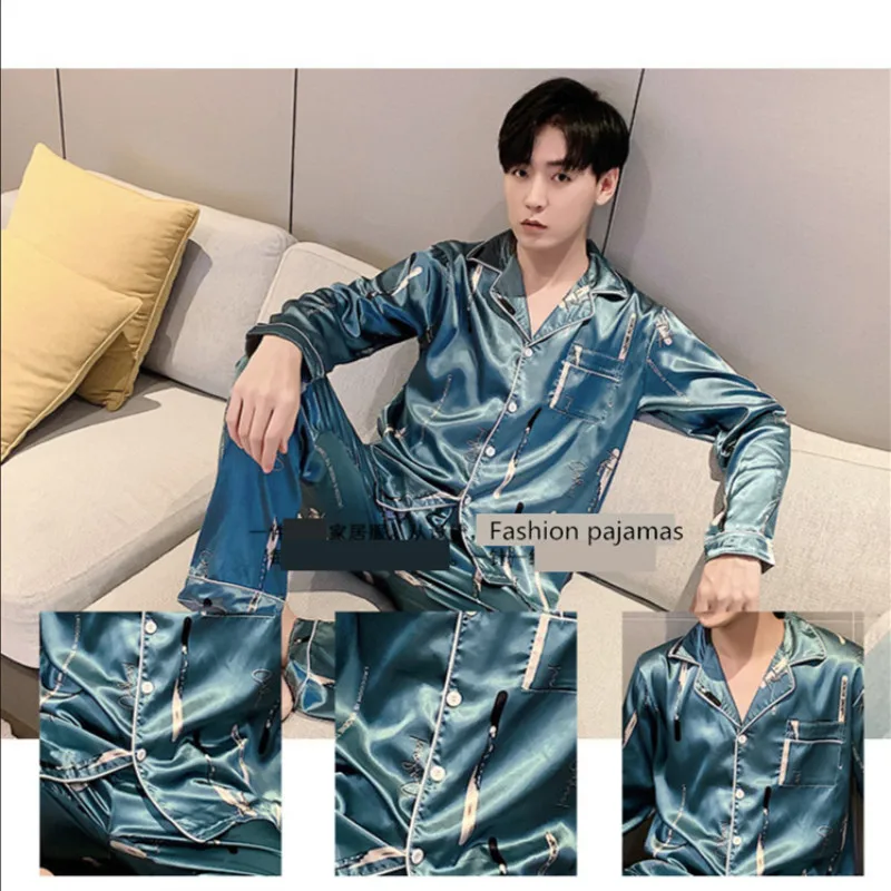 Man Pajamas 2022 Spring Autumn New Long-Sleeve Ice Silk Sleepwear Luxury Noble Pijamas Male Casual Nightie Home Clothes Suits