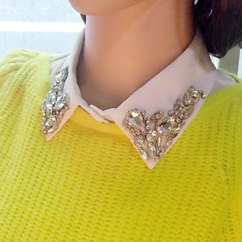 

Ladies Women Water Drop Imitation Crystal Chiffon Fake Collars Jewelry Rhinestone Lapel Detachable Button Down Half-Shirt Blouse