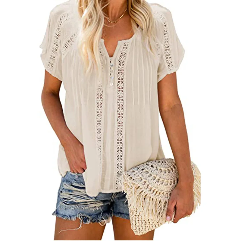 

New Summer 2021 Women Blouse V-Neck Lace Blouses Fashion Casual Short Sleeve Button Loose Shirt Lady Loose Shirts Plus Size Tops