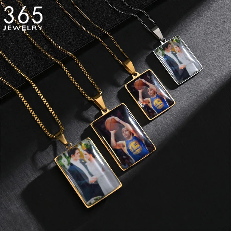 Personalized Stainless Steel Custom Photo Square Pendant Necklace Memory Medallions Engrave Name Jewelry For Women Birthday Gift