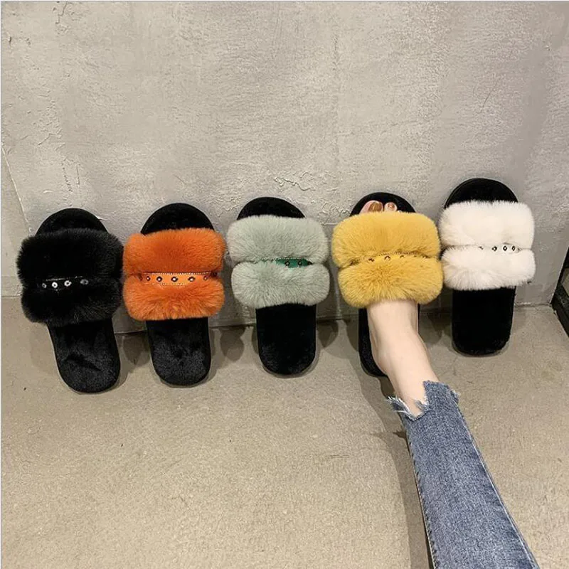 

Fluffy Raccoon Fur Slippers Shoes Women Summer Flip Flop Flat Slides Outdoor Sandals Ladies Shoes