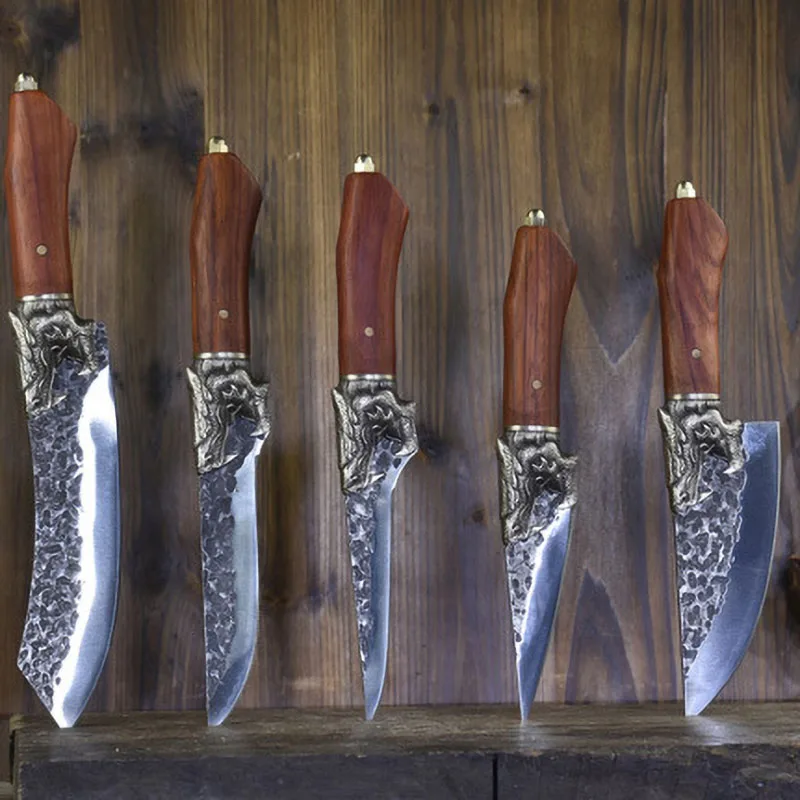 Longquan-cuchillo de acero forjado hecho a mano, Juego de cuchillos de cocina de cobre, decoraci&oacute;n de drag&oacute;n-1