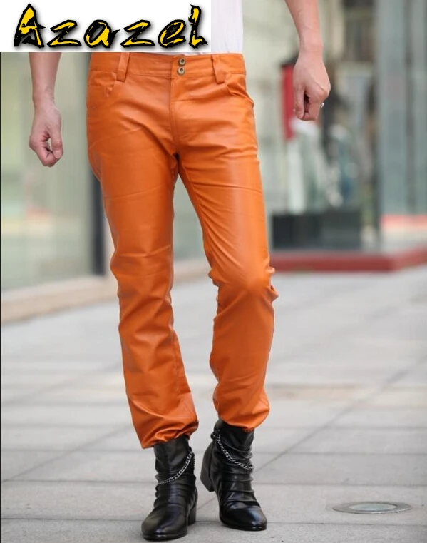 Azazel Free shipping 2020 New style Fashion leather pants Men orange Slim leather pants Nightclub male Plue Size trousers 29-39