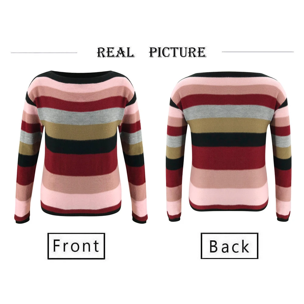 

New color contrast stripe Pullover for fall / winter 2020 women's sweater round neck slim fit long sleeve knitted women's sweate