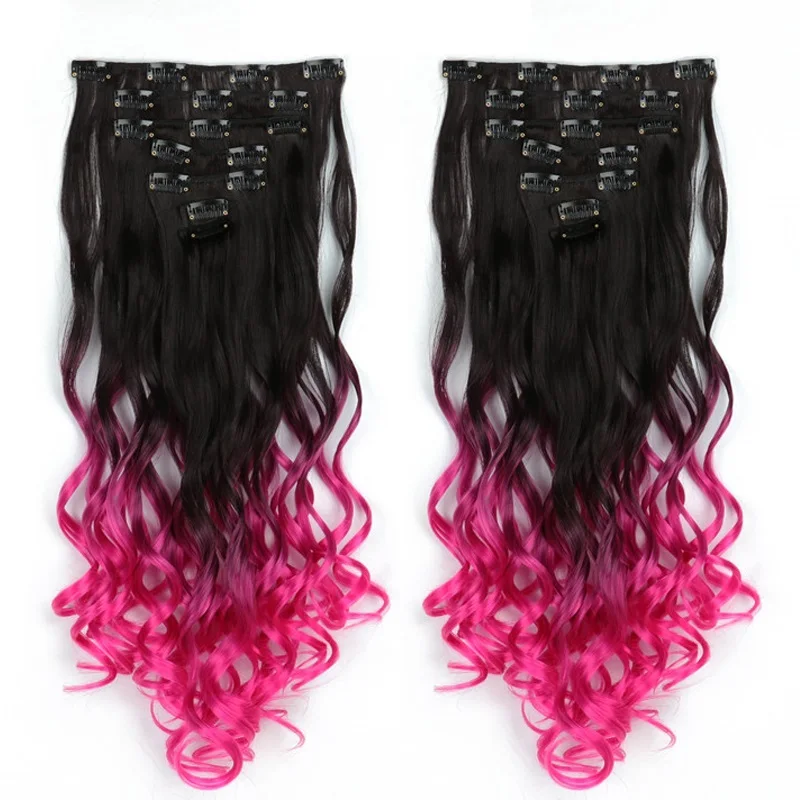 

Clip In Hair Extensions Clip On Hair Extentions Synthetic Heat Resistant Long Curly Wavy Piece Ombre Color 16 Clips 7Pcs/Set