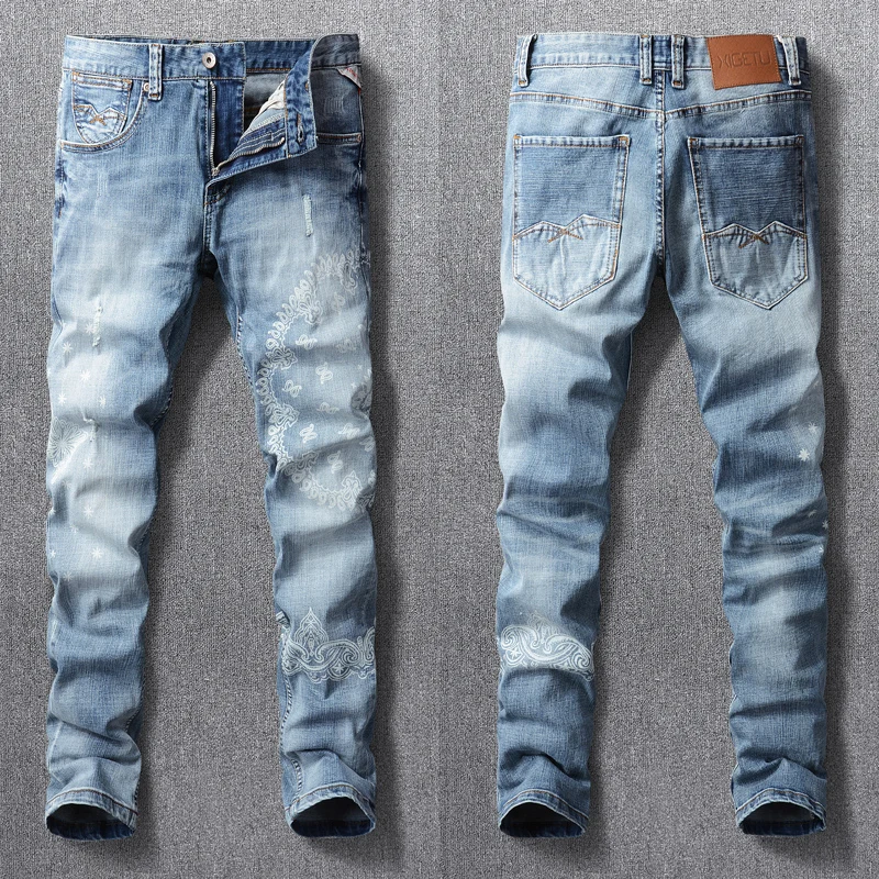 Мужские рваные джинсы в стиле ретро, синие эластичные облегающие потертые рваные джинсы с принтом, брюки из денима в стиле хип-хоп, уличная м...