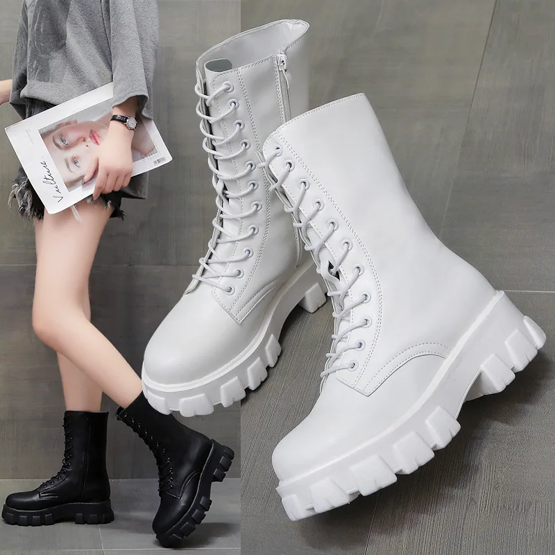 

Women's Mid-calf Boots Autumn Winter Motorcycle Boots Fashion Female Warm Plush Snow Boots Chunky Heel Platform Boots zapatos