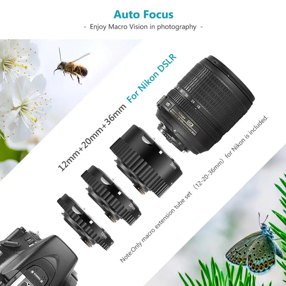 Neewer 12 мм/20 мм/36 мм авто Foucs Макро Удлинитель Набор для Nikon AF/AF S объектив DSLRs D7200 D7100