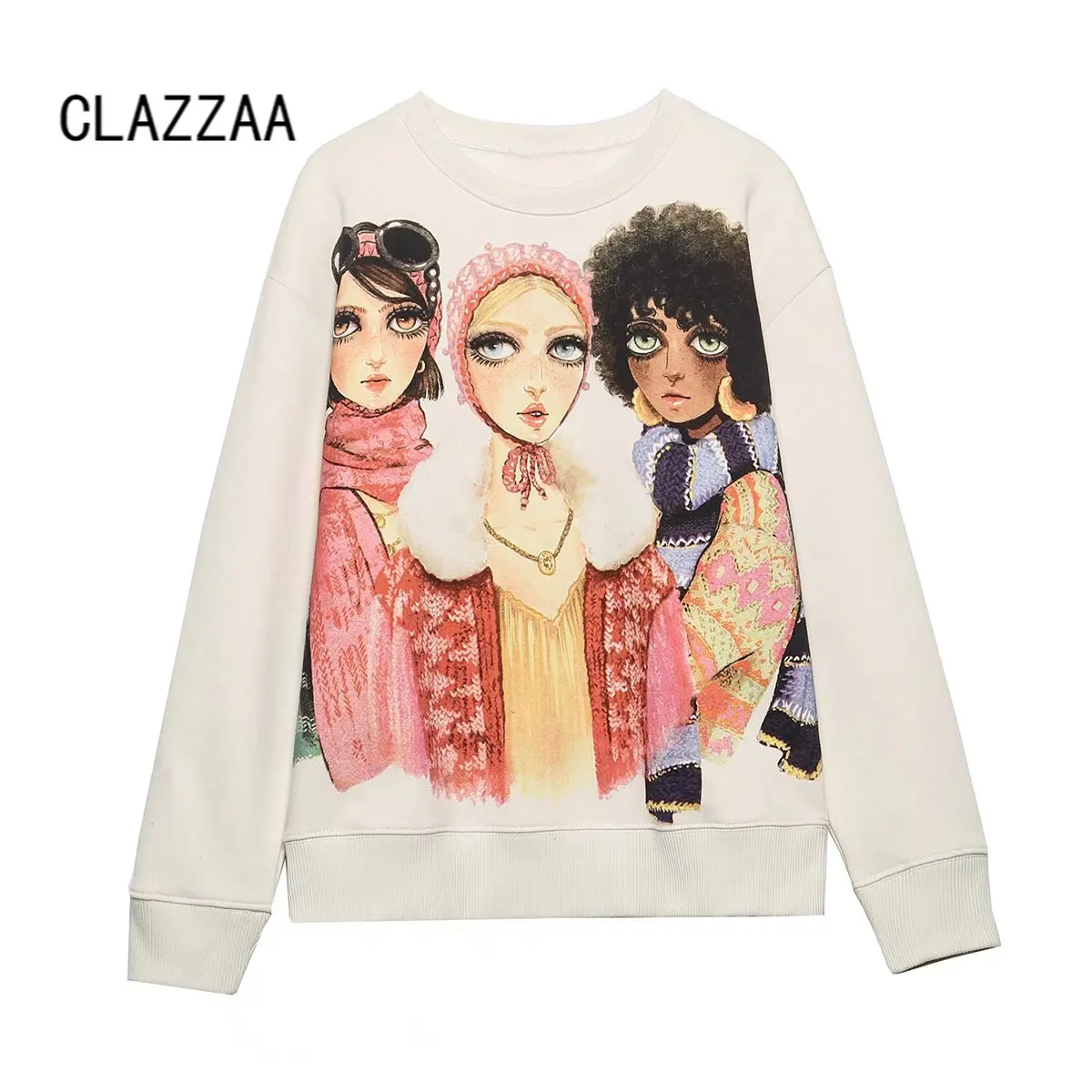 

Clazzaa Women Za Oversized Girls Printed Sweatshirts Vintage Long Sleeves O-Neck Casual Female Streetwear Chic Tops