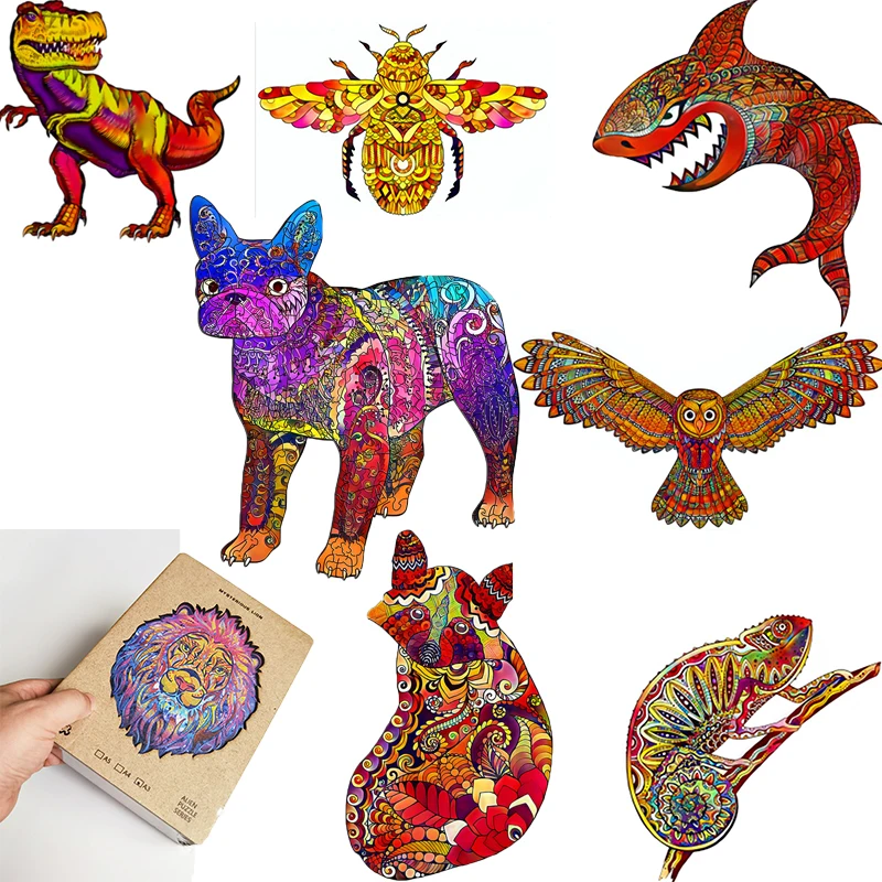 

Kids Puzzle Montessori Education Wooden Pieces Alien Animal Shaped Puzzle Dog Lizard Fun Jigsaw Image Enlightenment Toy Box
