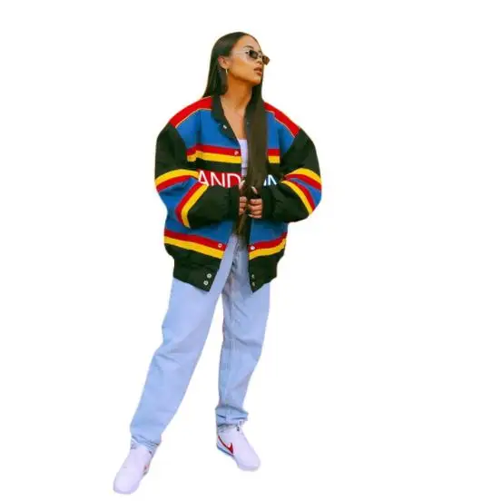 

New women's fashion casual color striped printing coat jacket Women's Coat, Colorful Stripes Letter Print Long Sleeve Jacket