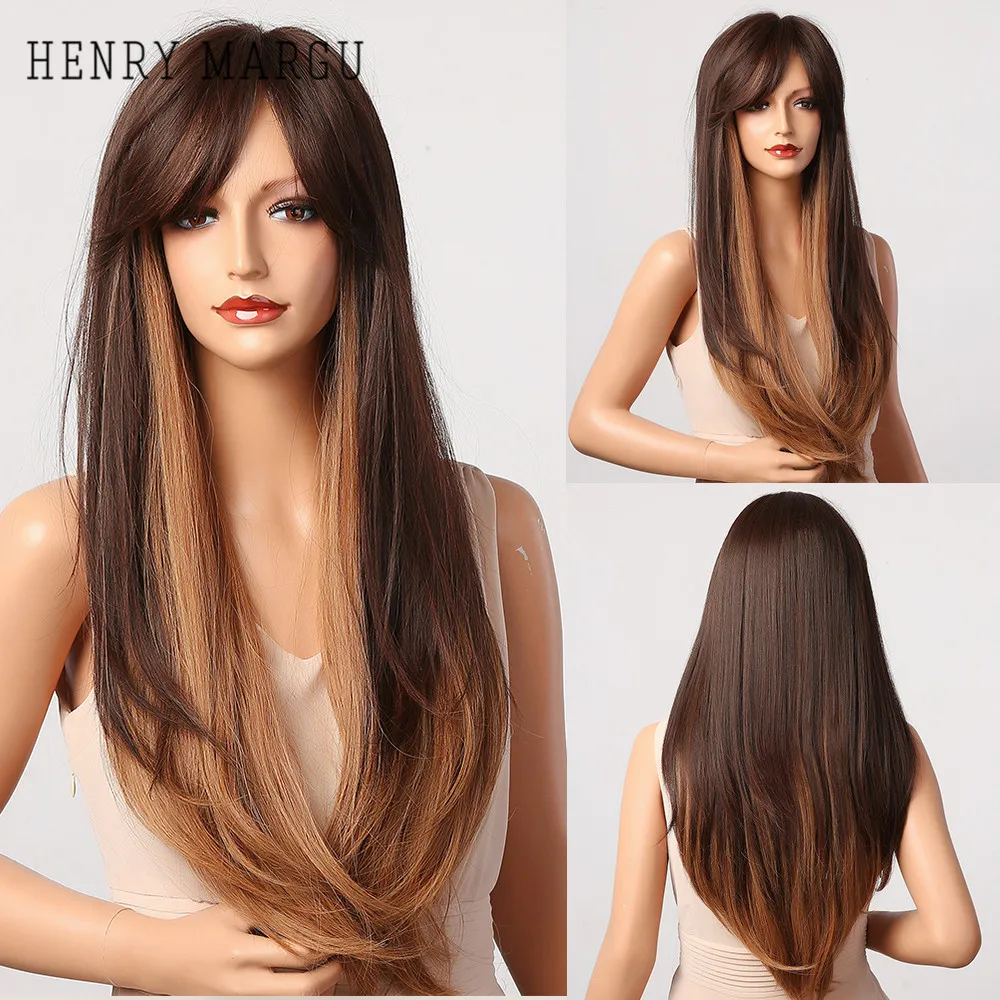

HENRY MARGU Long Straight Synthetic Wig With Bangs Brown Blonde Ombre Wigs for Women Natural Cosplay Party Wigs Heat Resistant