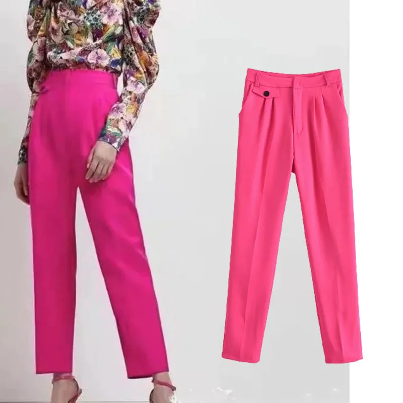 

British style Women's Pants Za 2021 New Fashion With pocket Folds Straight Vintage high waist Long office Wide leg Female Pants