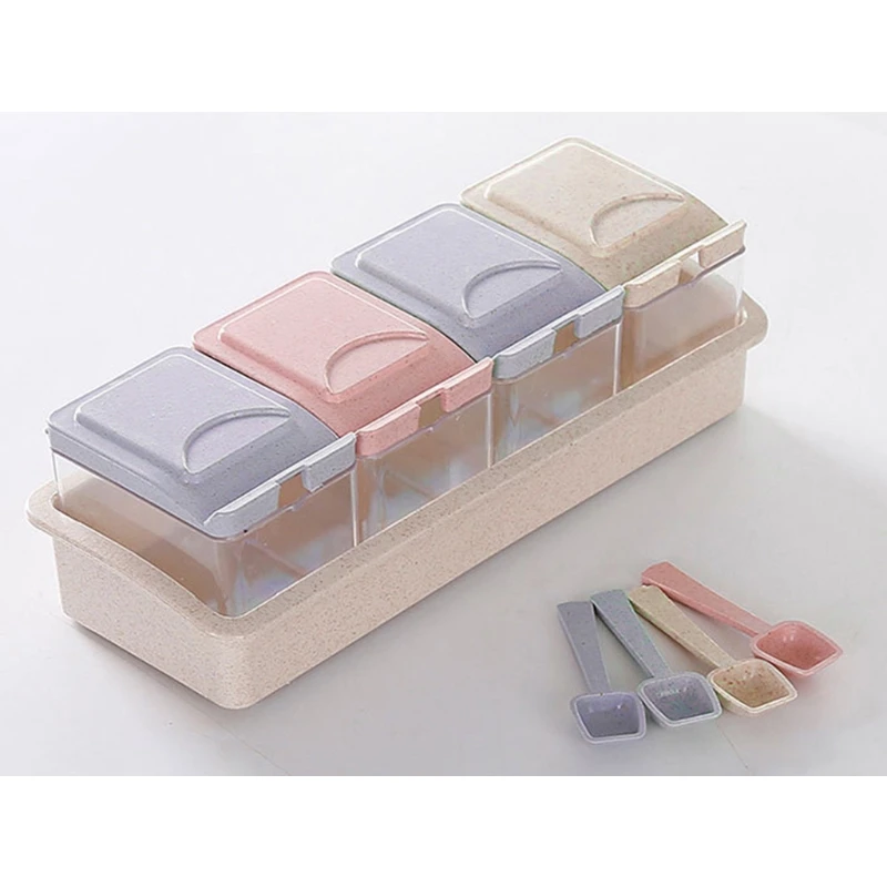 

4 Pcs Kitchen Seasoning Spice Box Set with Storage Base Cruet Condiment Salt and Pepper Seasoning Cooking Case Tool H3CC