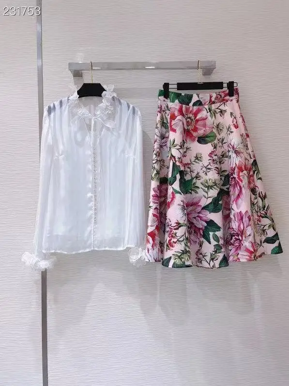 

New 2021 Autumn Women Fashion Runway Skirts Set Long Sleeve Single Breasted White Blouses + High Waist Print A-Line Skirts Suits