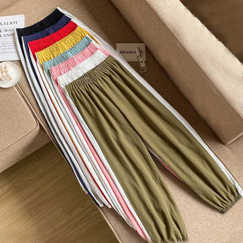 

Women Lantern Cotton Linen Pants Elastic Waist Side Stripes Harem Pants Loose Casual Summer Women's Ankle-length Pants Trousers