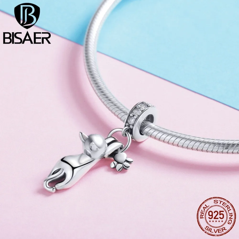 BISAER, очаровательный 925 пробы, серебряный, липкий котенок, кот, с принтом, бусины, подходят для женщин, s925diy, браслет, ожерелье GXC930
