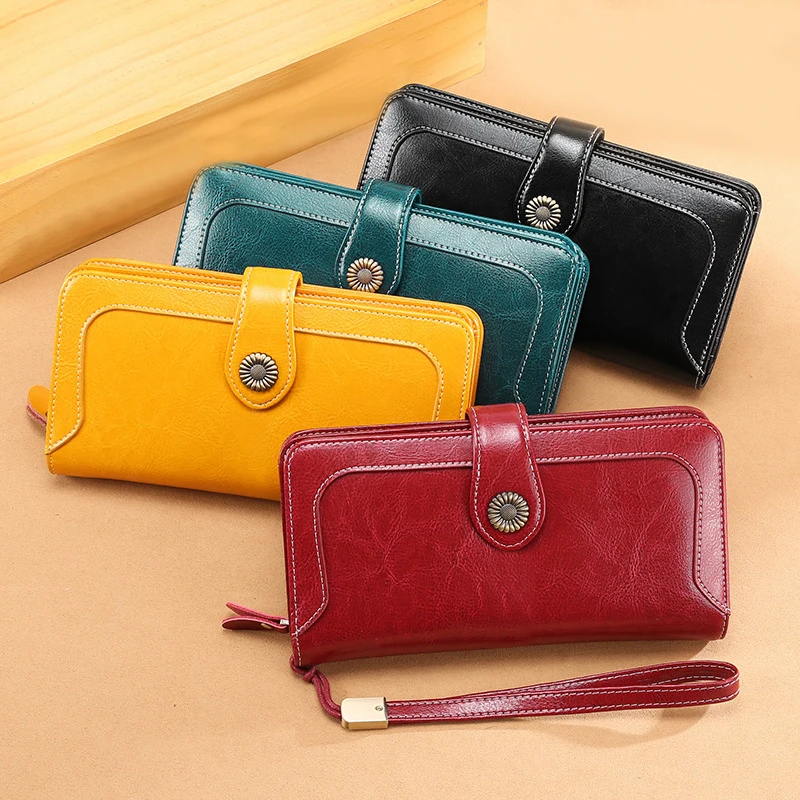 aliwood High Quality Women Clutch Retro Leather Wallet Female Long Wallet Women Zipper Purse Strap Money Bag Purse For iPhone 11