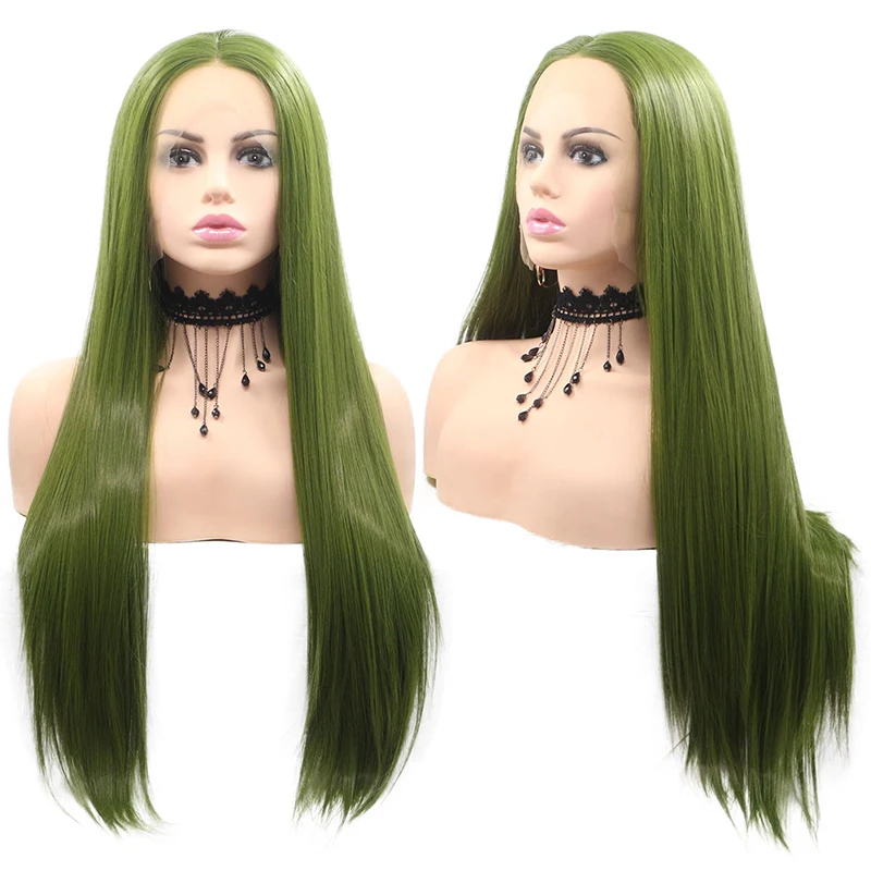 

Пастельные зеленые шелковистые прямые синтетические кружевные передние парики без клея из термостойкого волокна с волосами средней части