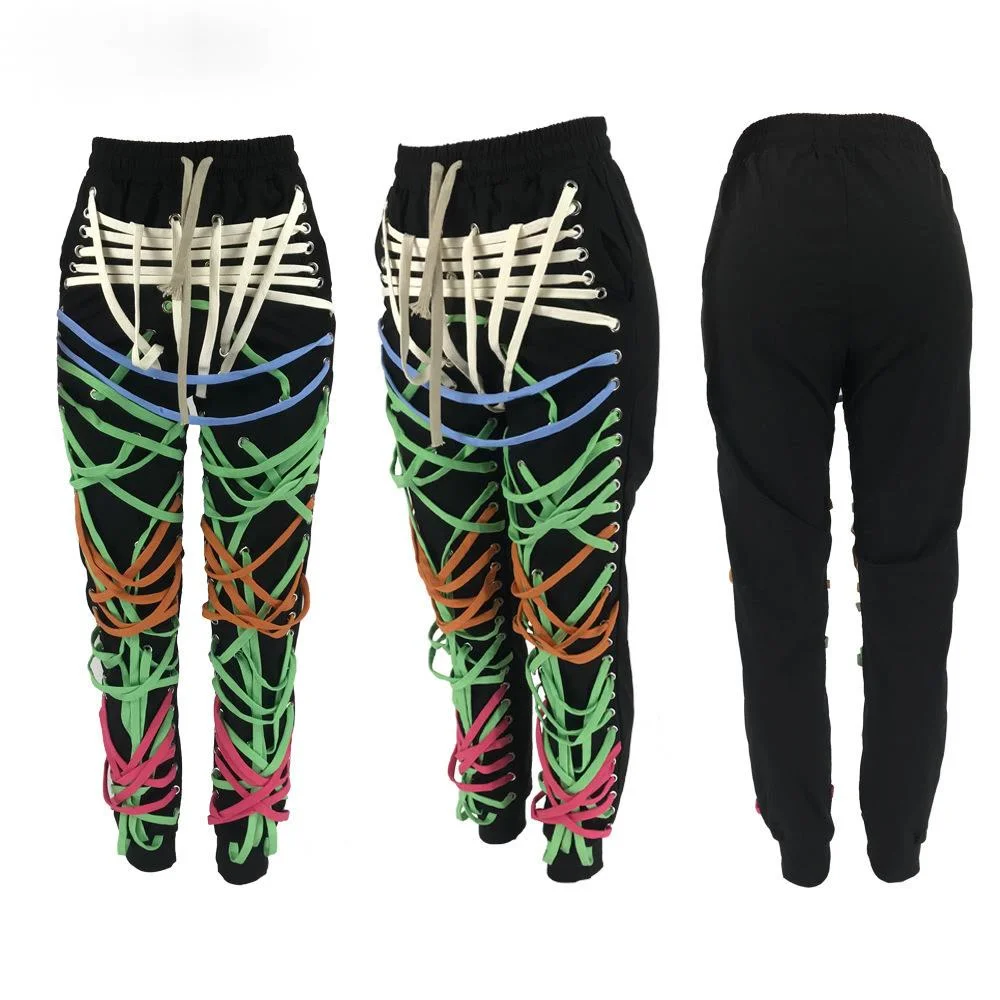 

Streetwear Women Lace Up Strings Pants High Waist Hip Hop Trousers Activewear Sports Jogger Sweatpants