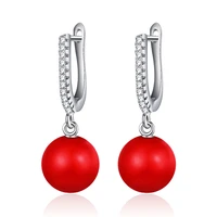 romantic red pearl drop earrings for women zirconia cz silver color hanging dangle earrings with pearl girls jewelry accessories