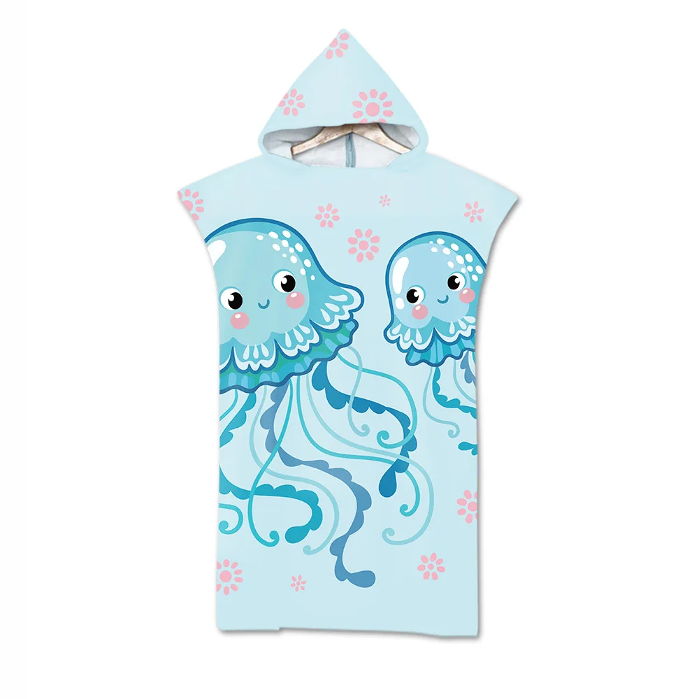 

Printed microfiber cartoon fish hooded beach towel adult quick-drying swimming pool poncho bath towel with cloak bathrobe