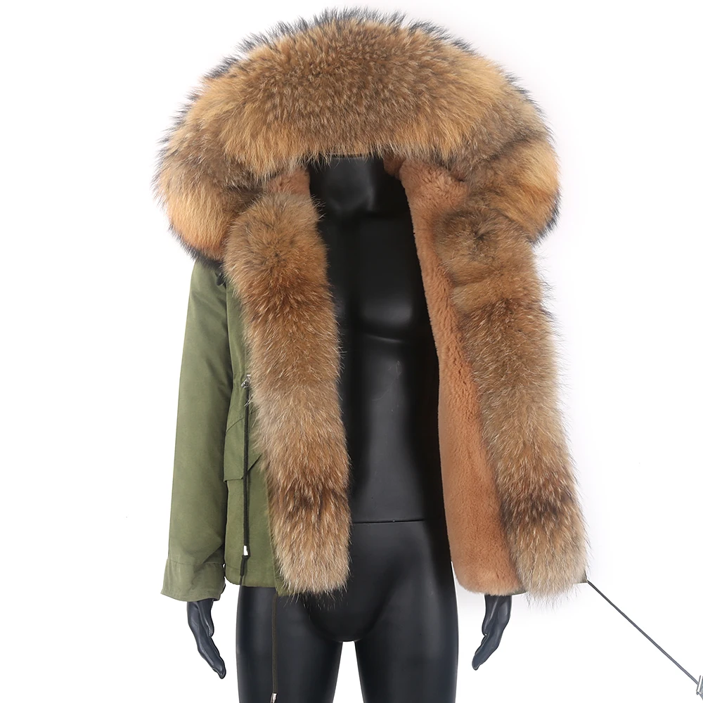 

2021 Men Short Parka Winter Jacket Real Raccoon Fur Coat Outerwear Streetwear Natural Large Fur Collar Warm Waterproof Style