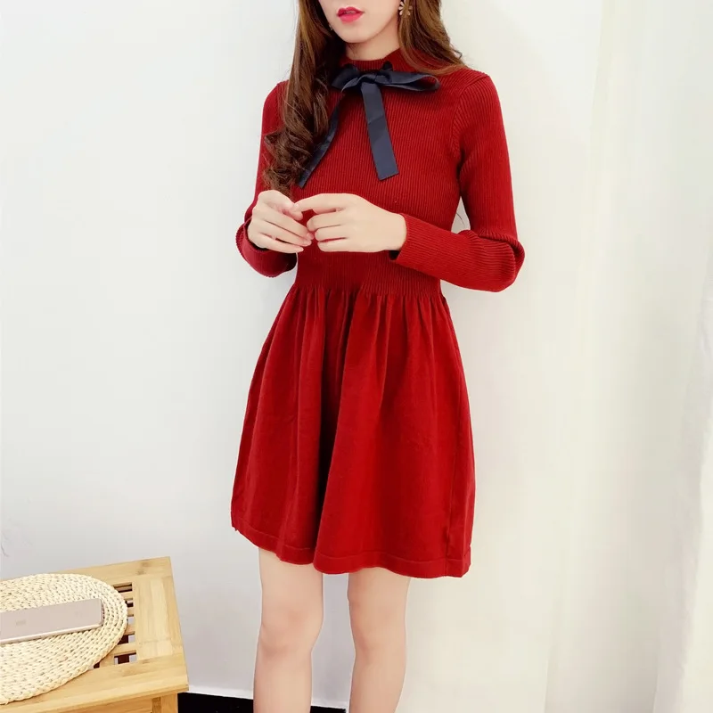 ALPHALMODA осеннее трикотажное платье с длинными рукавами и галстуком-бабочкой, милое женское платье с тонкой талией в консервативном стиле, трикотажное платье
