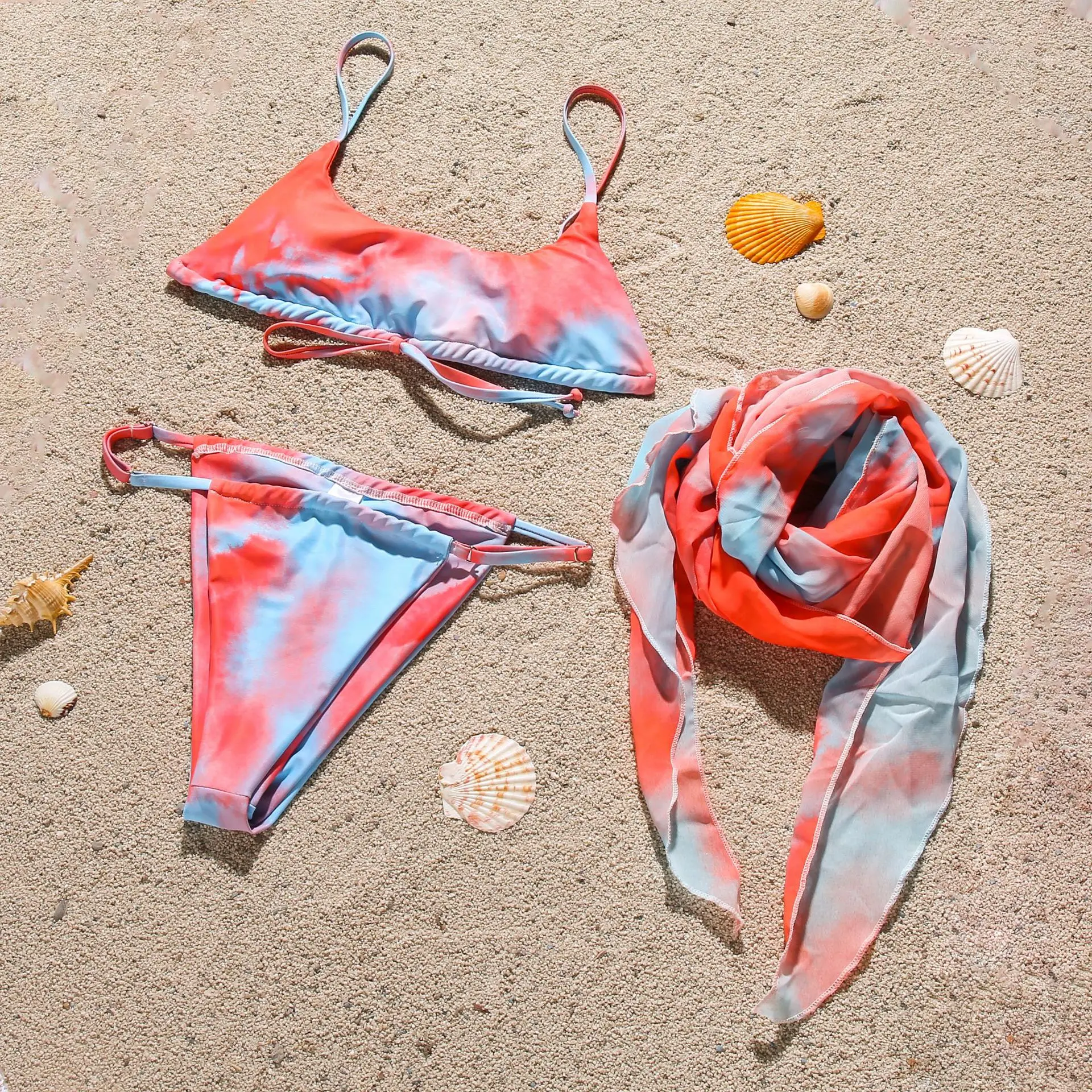 Купальный костюм бикини Женская юбка с принтом тай-дай 3 предмета чашками пуш-ап