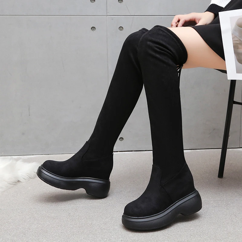 

Новинка, женские длинные сапоги, осенне-зимние сапоги до колена, кожаные сапоги на меху, на массивном каблуке, на платформе, модная женская о...