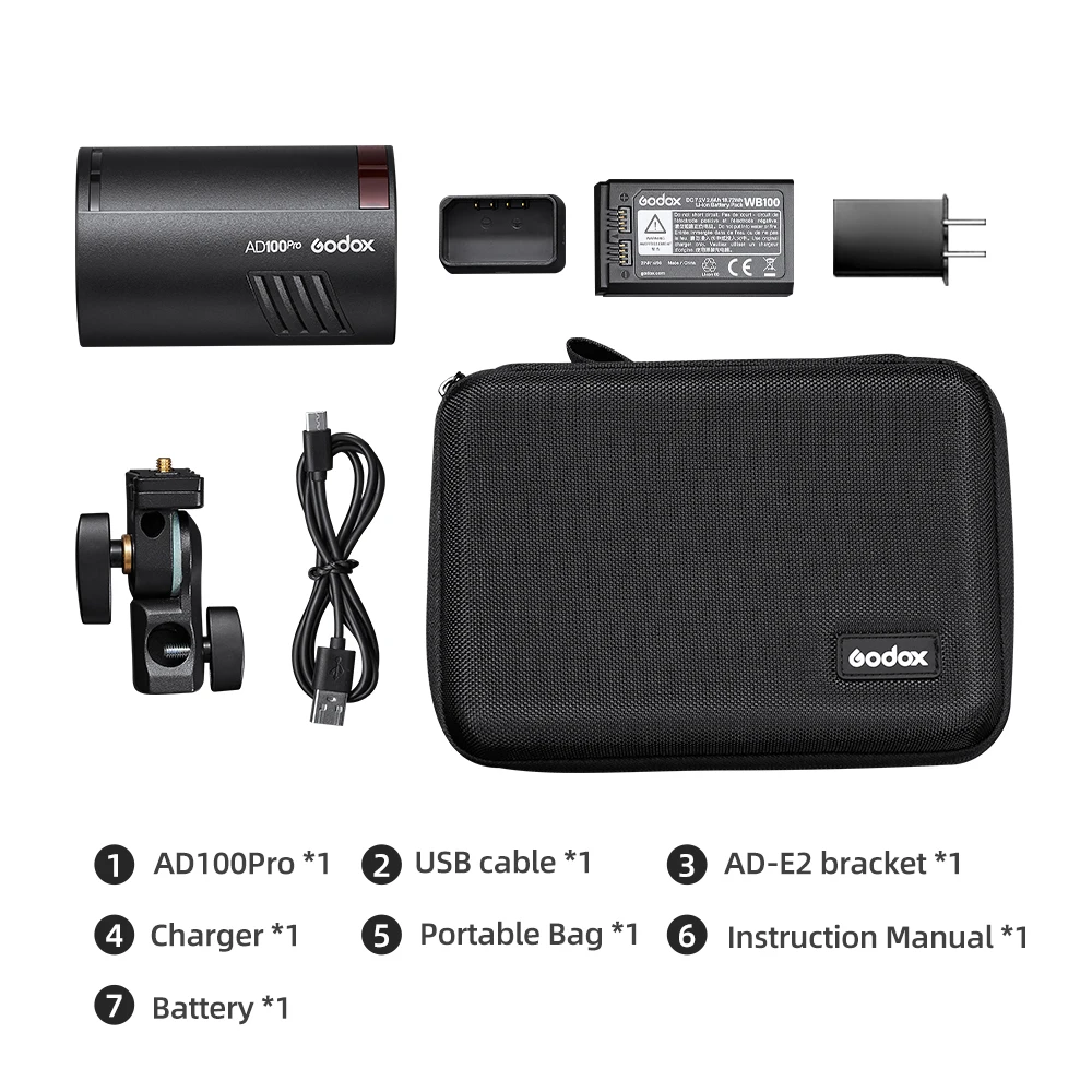 Карманная вспышка Godox AD100Pro 100Ws TTL 2 4G HSS 1/8000s с литиевой батареей 7 В/2600 мАч 360 полная