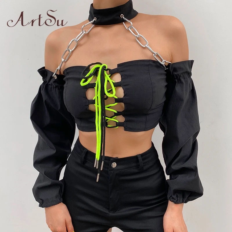 Женская укороченная футболка с открытой спиной и длинным рукавом в стиле