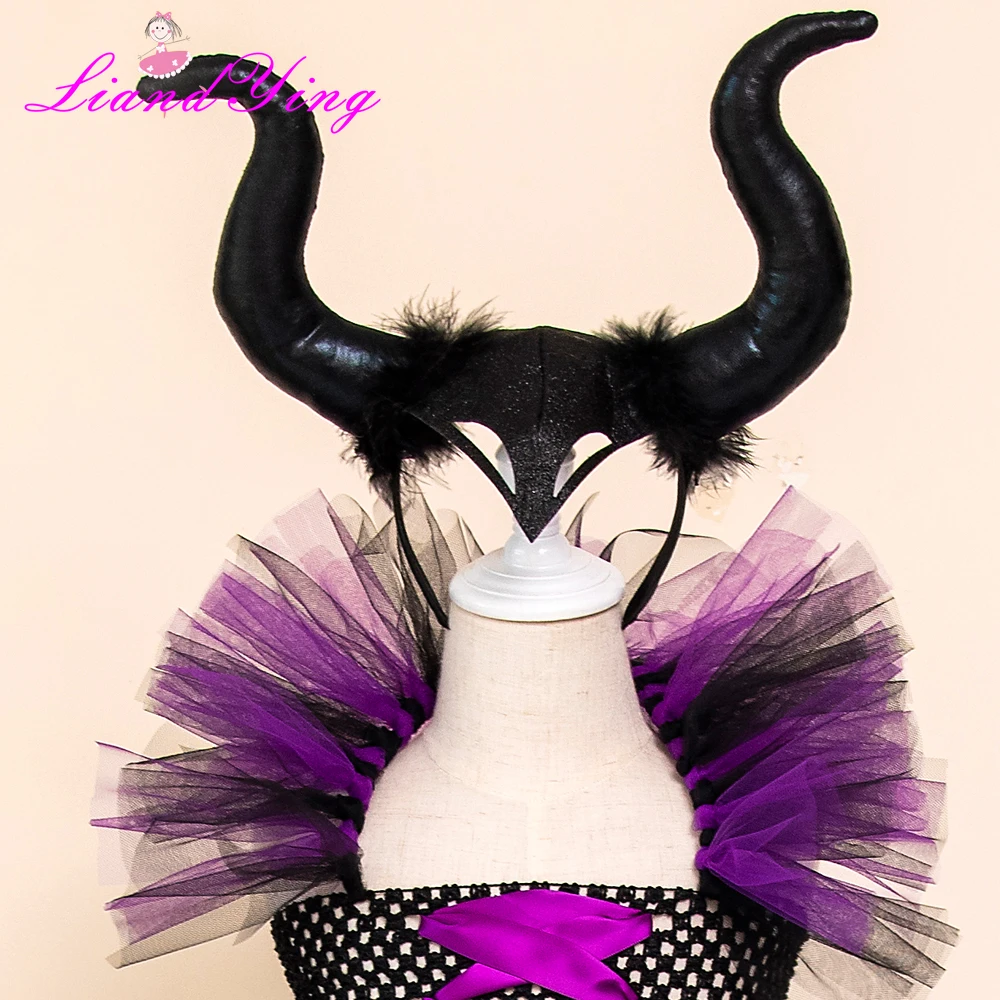 Maleficent/платье-пачка «злая королева» для девочек с рогами, костюм ведьмы для косплея для девочек, детское праздничное платье, детская одежда