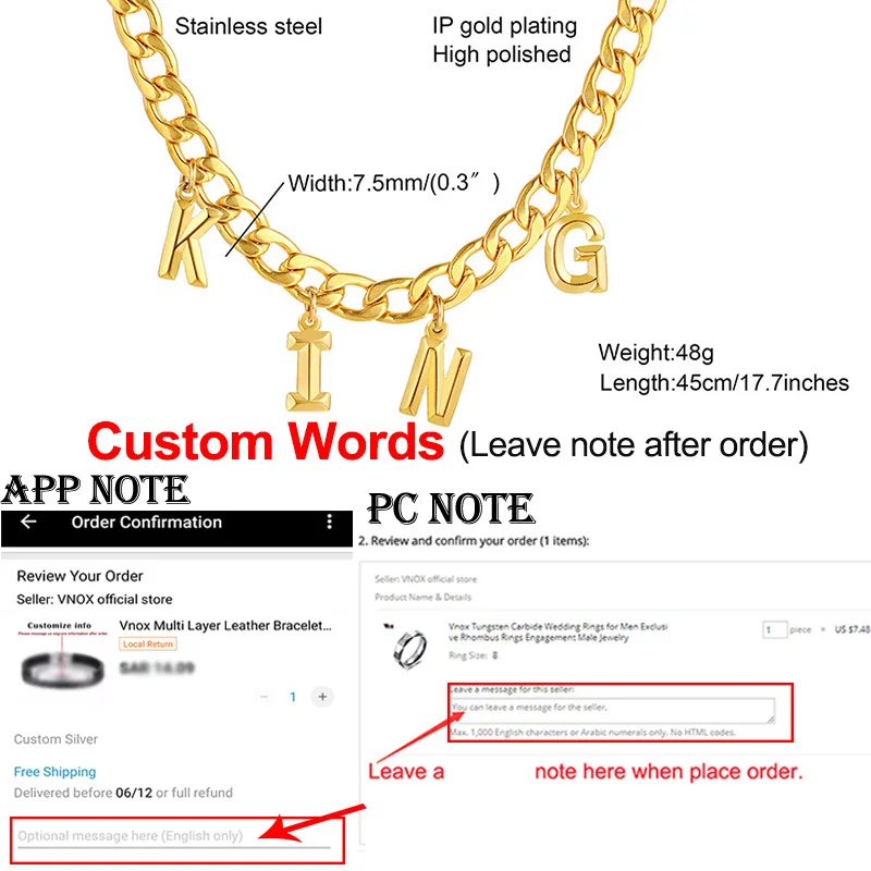 

Vnox Customize Heavy Necklace for Men Women,Chunky Bold Cuban Chain,3D 26 A-Z Initial Alphabet Personalized Pendant,Punk Jewelry