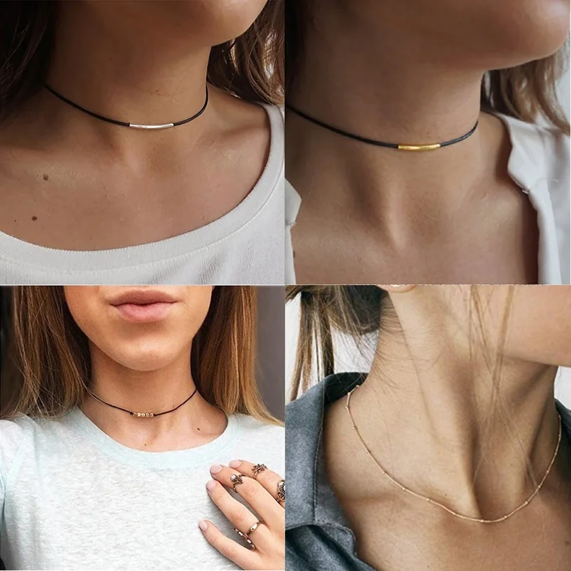 Колье чокер простой стиль черный цвет веревка через пластиковый квадратный куб