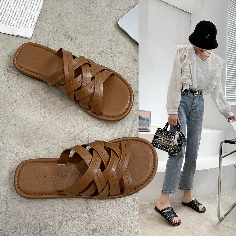 

Summer New Women Fashion Slippers Solid Color Simple Flat Bottom Women Slippers Cross Strapping ROMAN SANDALS Free Shipping