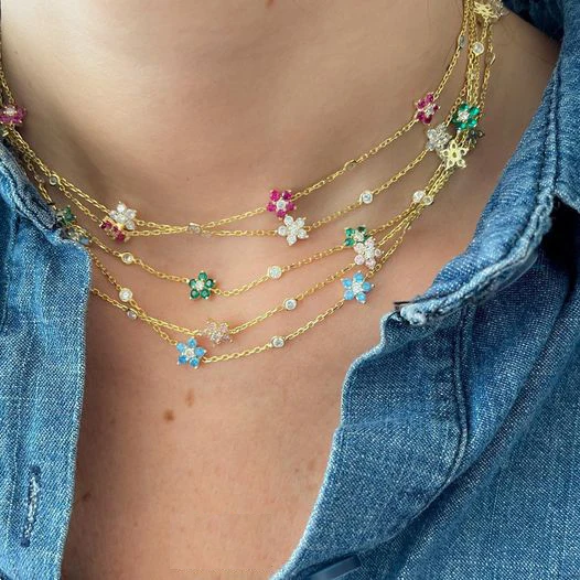 

2021 New Arrived High Quality Unique Minimal Delicate Cute Lovely Flower Charm Rainbow Colorful CZ Choker Chain Necklace Jewelry