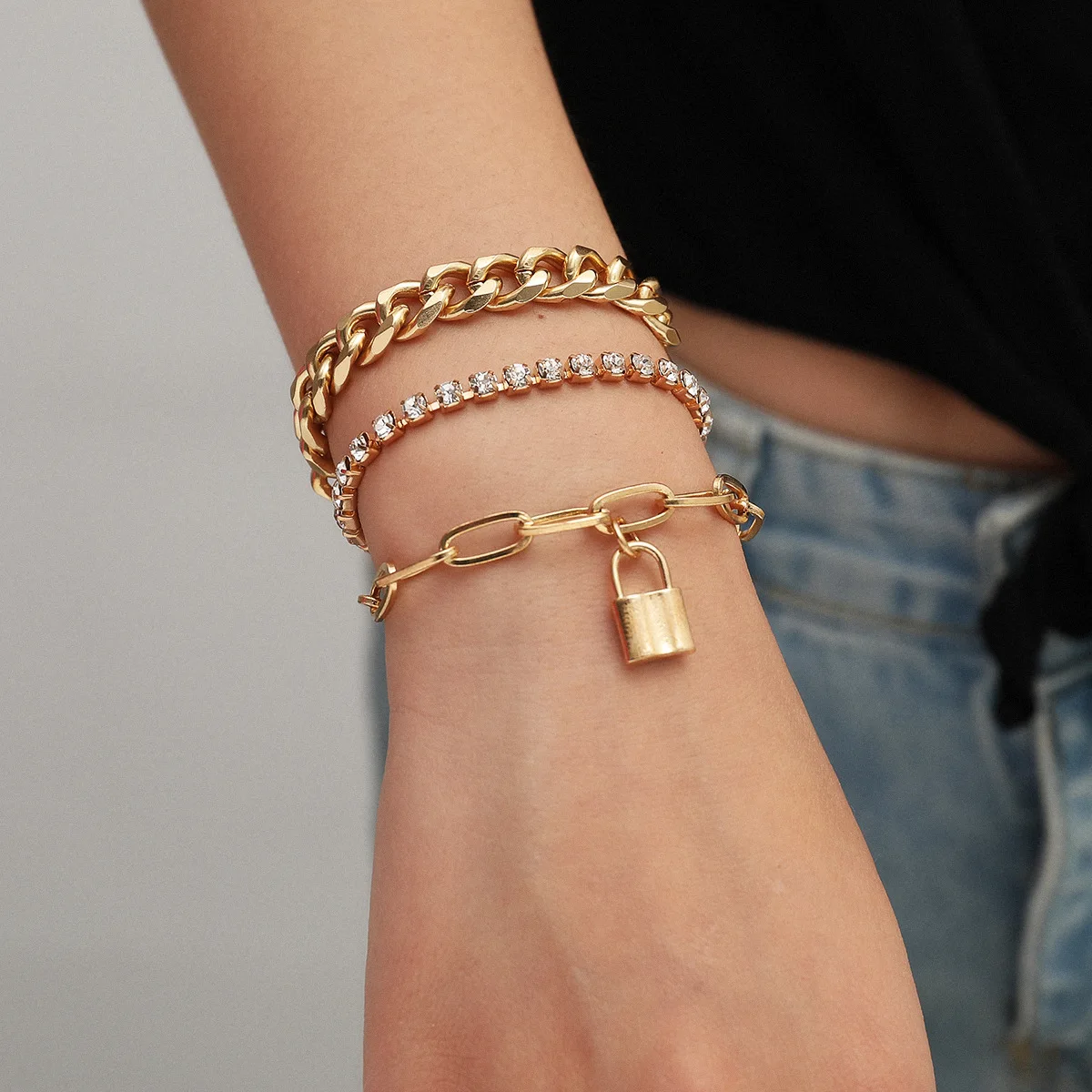 

HI MAN 3Pcs/Set Punk High Quality Mixed Lock Zircon Bracelet Women Fashion Exquisite Party Gift Jewelry Accessory