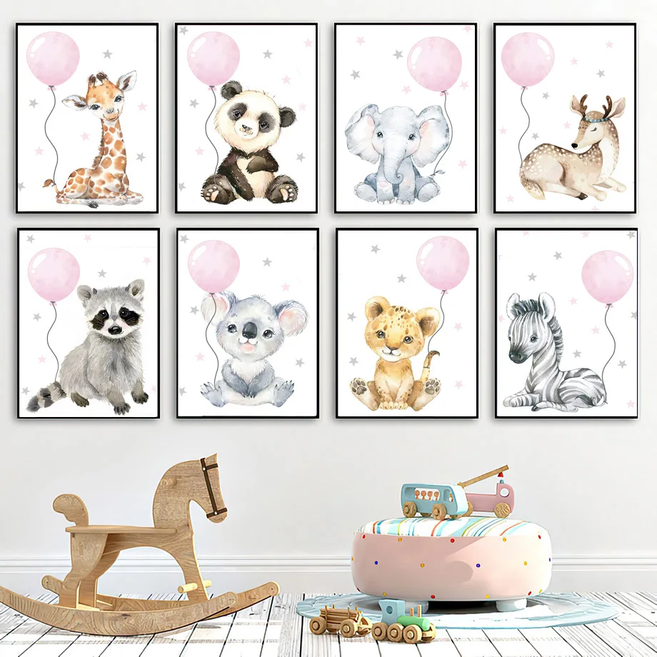 Детская живопись на холсте "Малыш зебра, слон, лев, олень, коала, воздушный шар, облако, бохо"