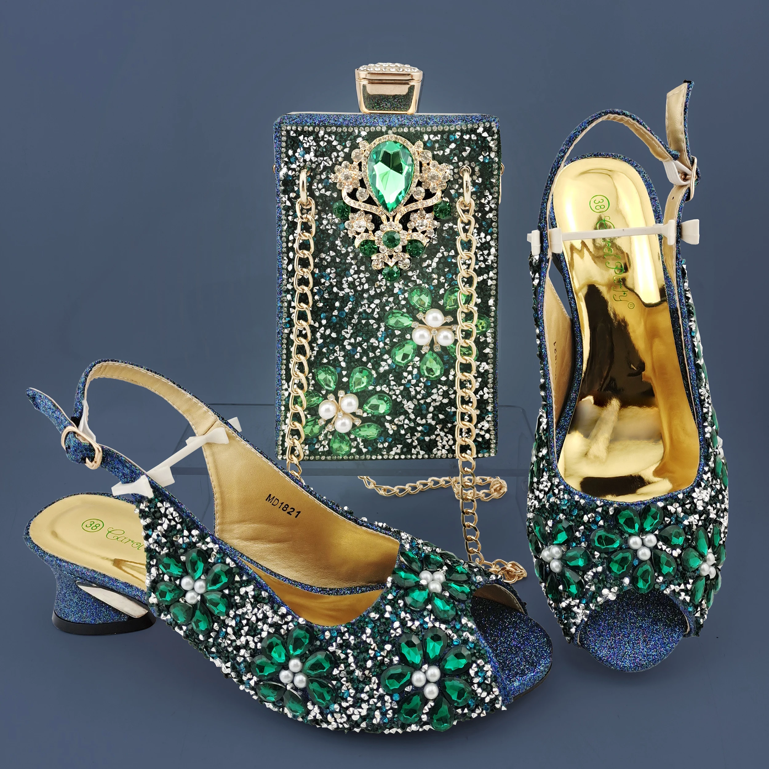 Carol Party Newest Shiny sweet type  rhinestone accessories Ladies Shoes and Bag Set in Green Color