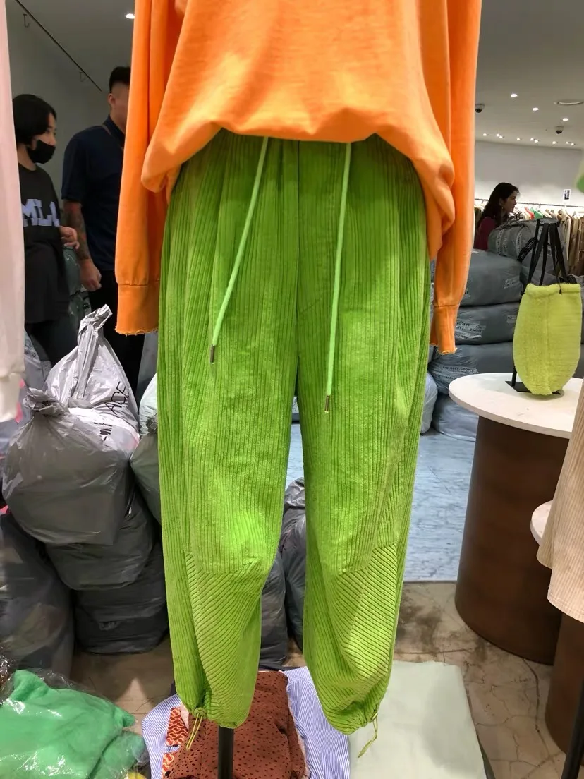 

Han Guodong door spring new bright orange corduroy corduroy beam foot loose elastic waist trousers female leisure