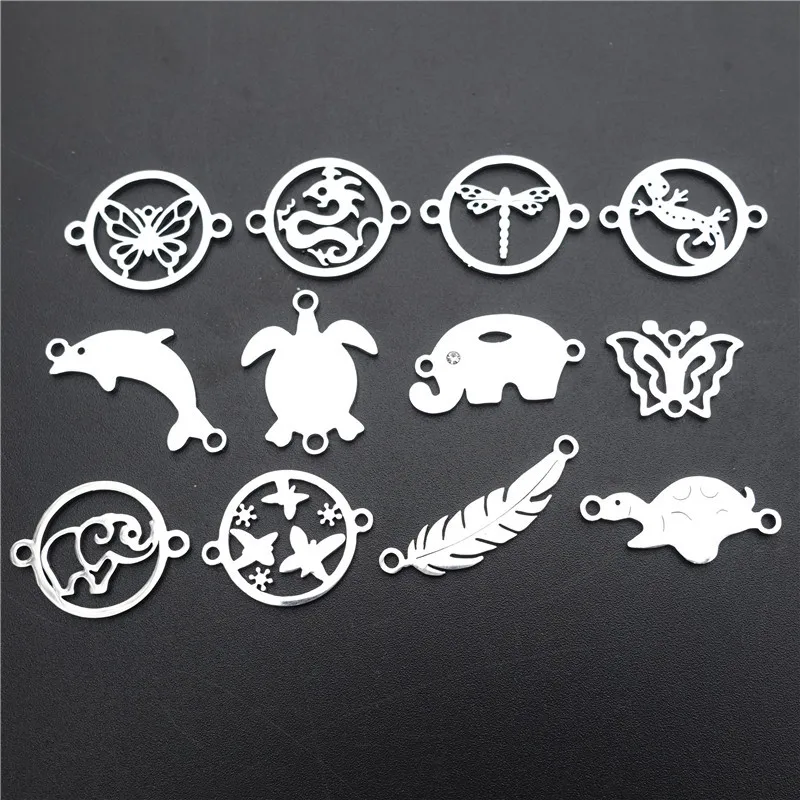 

50 Pieces Mixed Stainless Steel Connectors Gecko Turtle Elephant Feather Dragonfly Porpoise Dragon DIY Jewelry Making Findings