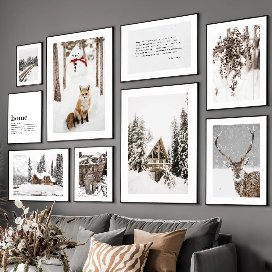 

Wall Art Canvas Painting Christmas Winter Snow House Deer Fox Nordic Posters And Prints Wall Pictures For Living Room Decoration