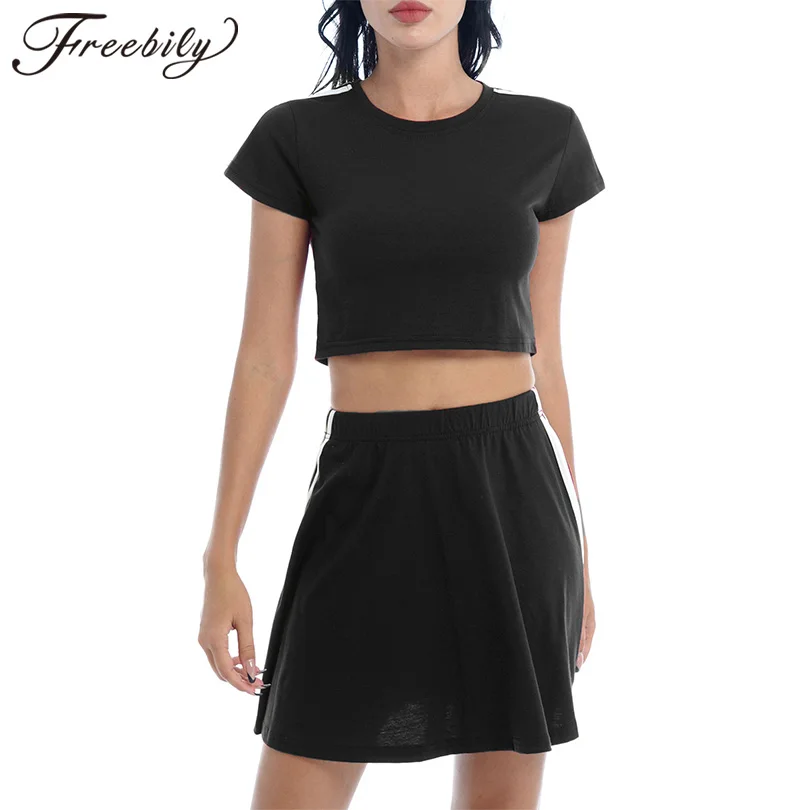 

Женский Повседневный Спортивный костюм, танцевальный костюм, однотонный укороченный топ и мини-юбка, одежда для бега, тренажерного зала, йо...