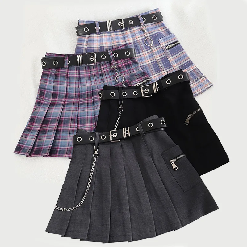 Женская клетчатая мини юбка в стиле панк плиссированная трапециевидная с поясом
