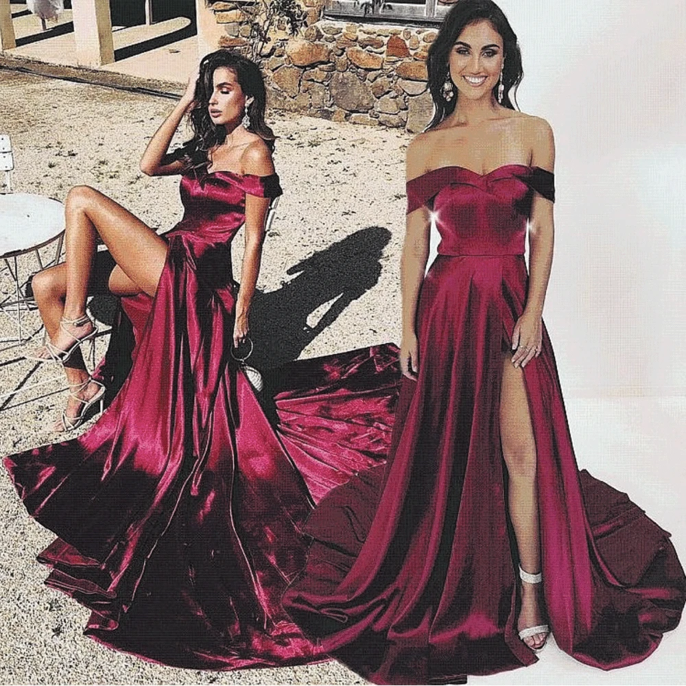 

SuperKimJo Burgundy Prom Dresses Long Off the Shoulder Satin Simple Elegant Cheap Prom Gown with Slit Vestidos De Gala