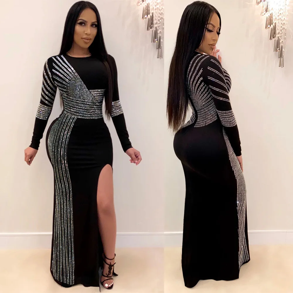 Adogirl бриллианты вечерние платья сексуальные с длинным рукавом высоким разрезом