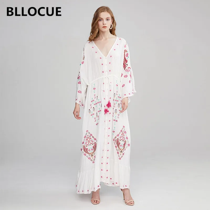 

Женское винтажное длинное платье BLLOCUE, винтажное платье с цветочной вышивкой и кисточками на шнуровке, с V-образным вырезом, лето 2019