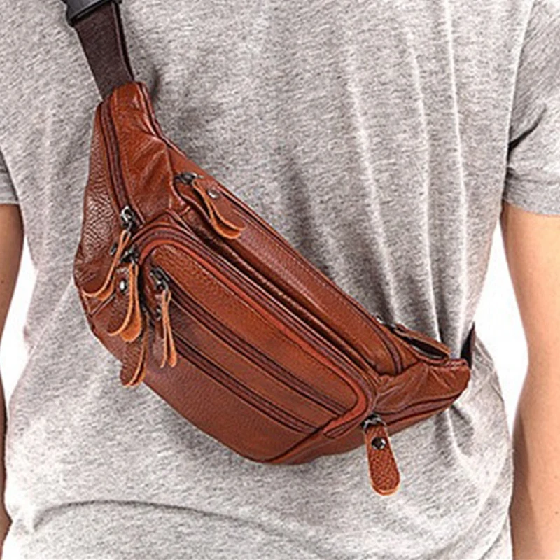 

ASDS-Fashion Men Genuine Leather Fanny Bag for Phone Pouch Male Leather Messenger Bags Travel Waist Bag Men